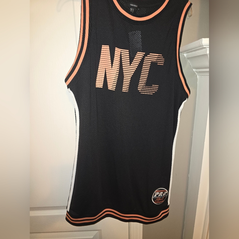 Forever 21 Women's size M Black Basketball Jersey Mini Tank Dress Mesh NYC 80